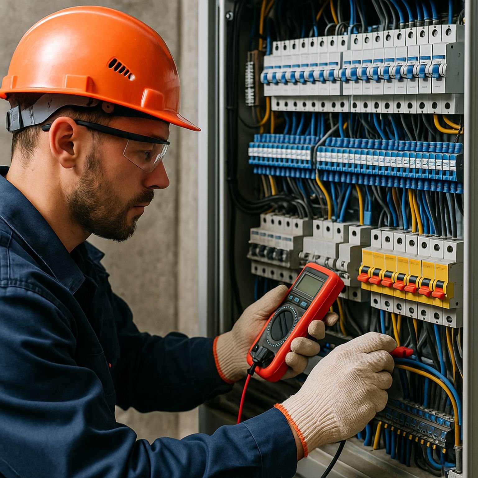 Medidor e painel el&eacute;trico sendo inspecionado
